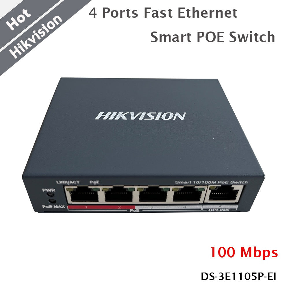Hikvision 4 Ports Fast Ethernet Smart POE Switch 48VDC RJ45 10/100 Mbps-0